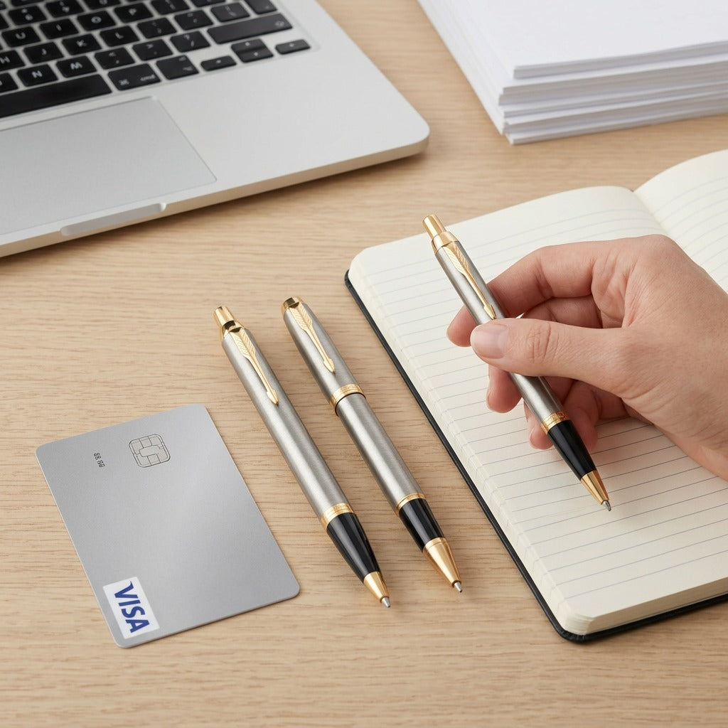 A hand holding a Parker IM pen over a notebook, showing scale next to a credit card and laptop.
