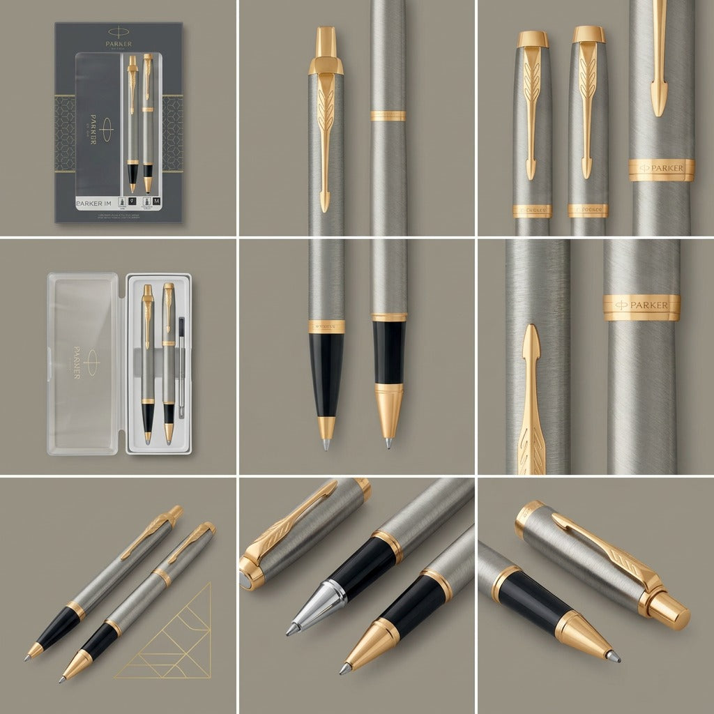Grid display of Parker IM Duo Pen Set showing brushed metal and gold trim pens from multiple angles.
