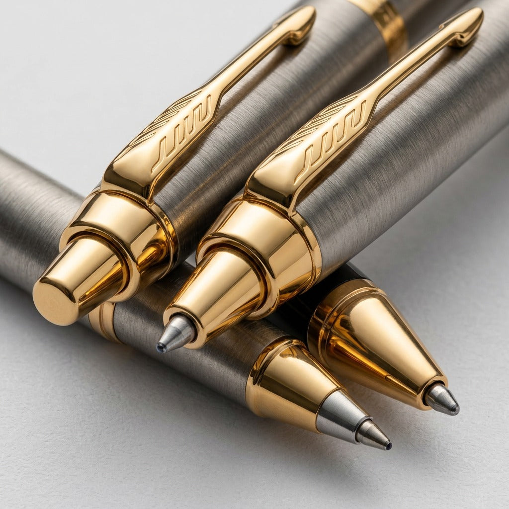 Macro detail of Parker IM Duo pens showing brushed metal barrels, gold-finished nibs, and arrow clips.