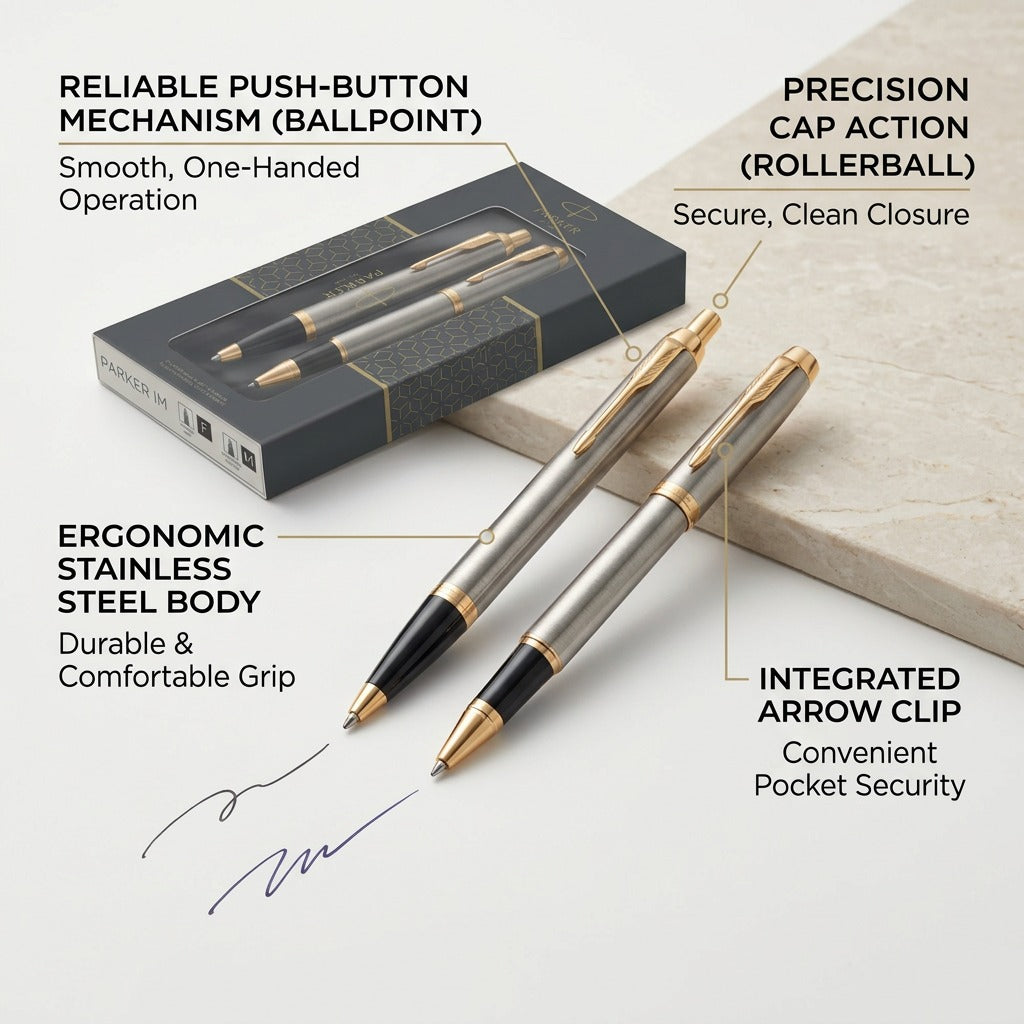 Parker IM Duo Pen Set with feature callouts for push-button, cap action, steel body, and clip.