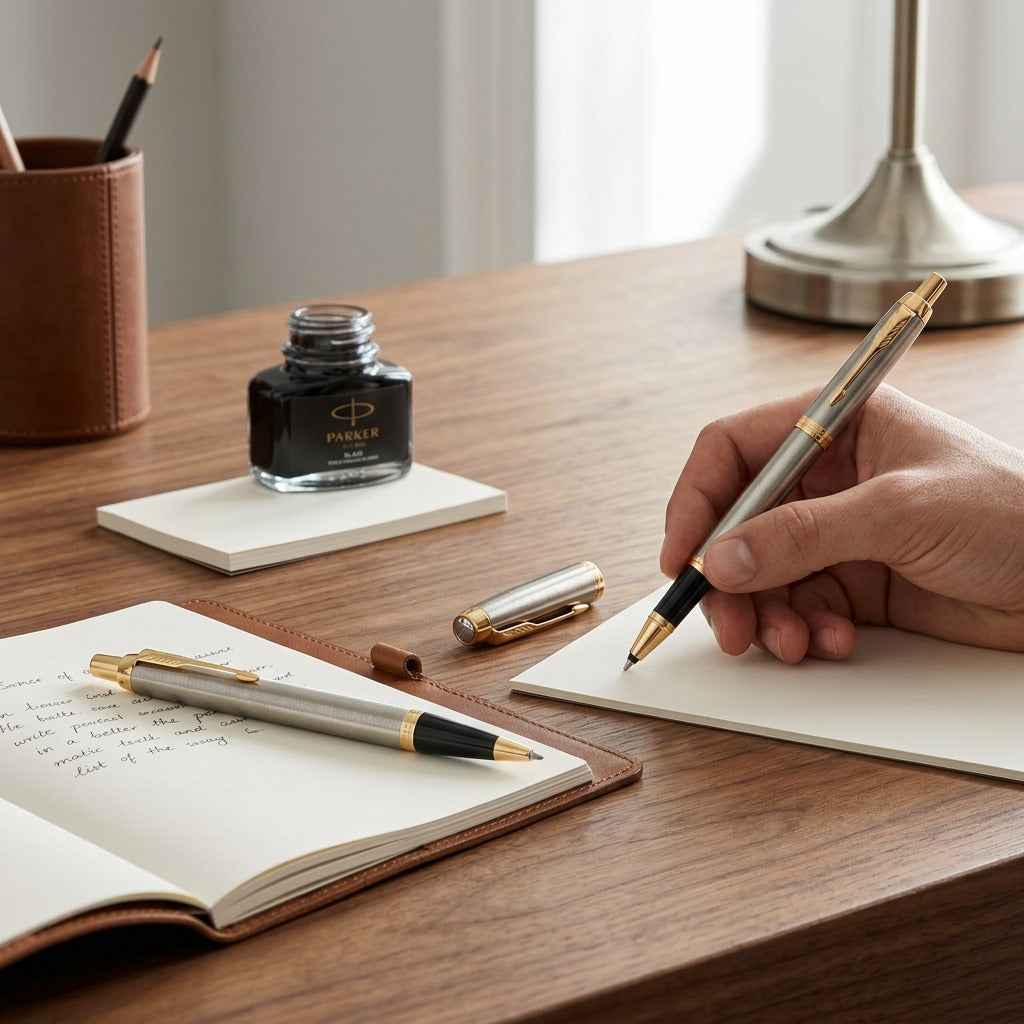 Person writing with a Parker IM rollerball pen next to a ballpoint pen on a wooden desk.