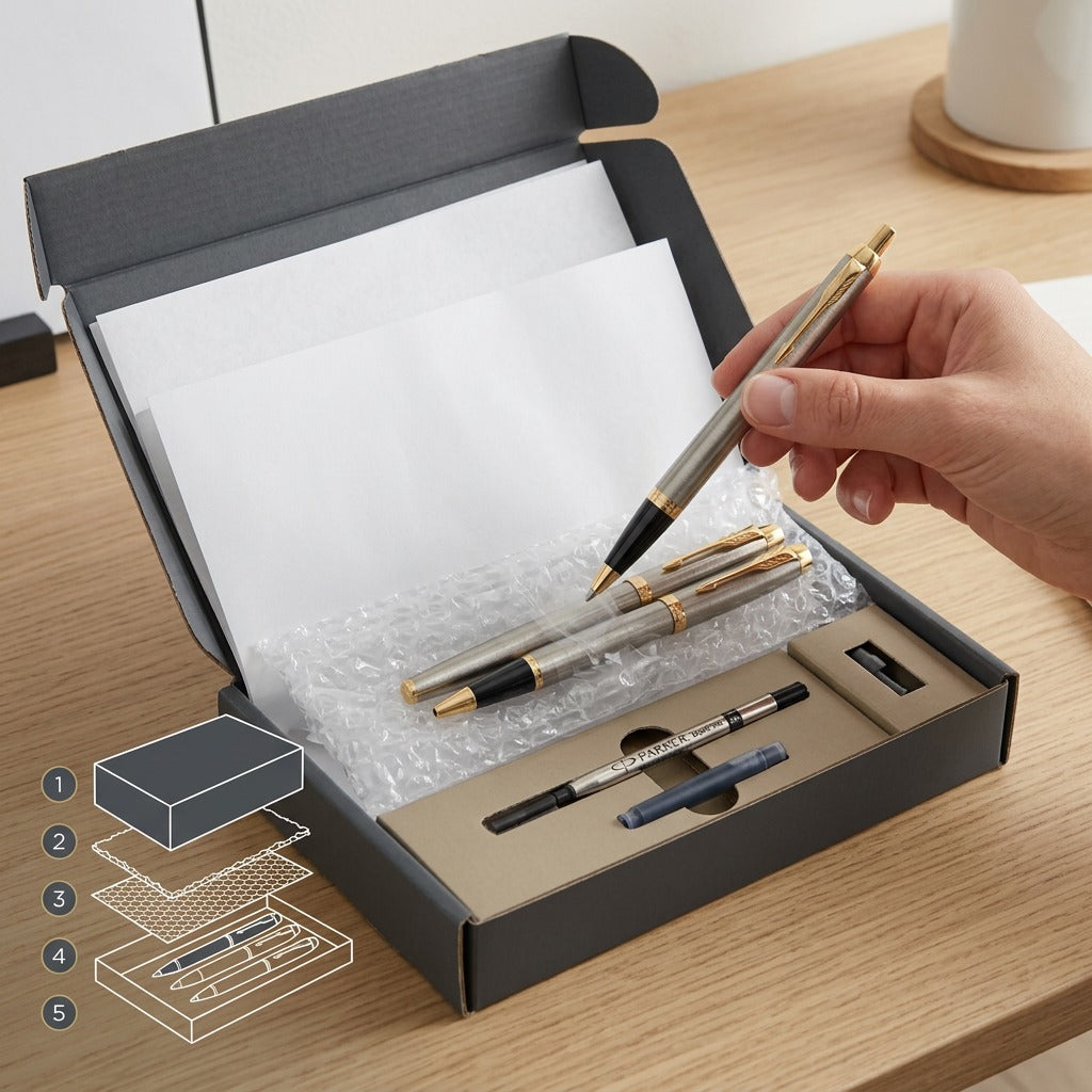 Unboxing the Parker IM Duo Pen Set, showing protective shipping packaging and included ink refills.