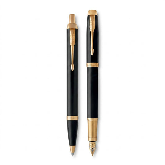 Parker IM Duo set featuring a gloss black fountain pen and ballpoint pen with 23kt gold trim.