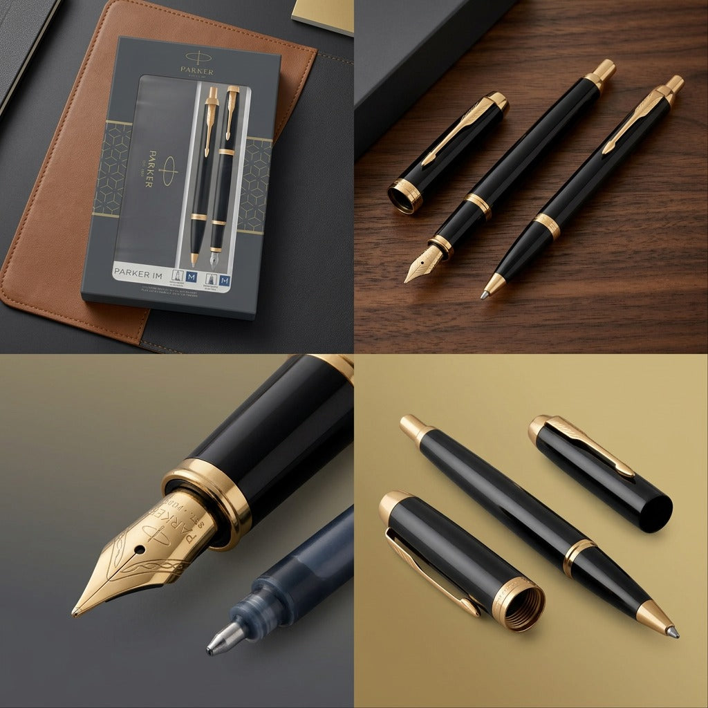 Four-part grid showing the Parker IM Duo Gift Set in gloss black with gold trim from multiple angles.