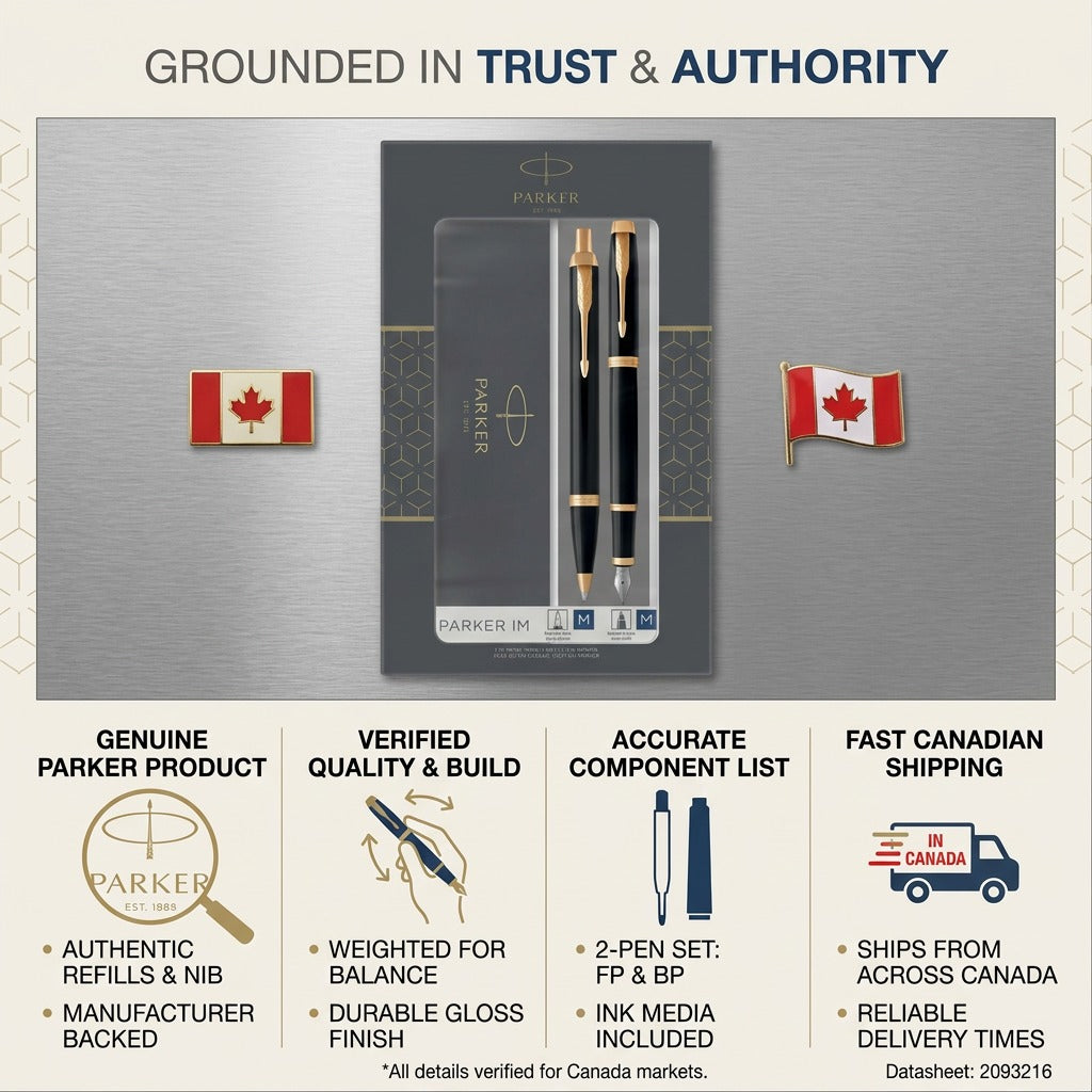 Infographic for Parker IM Duo Pen Gift Set highlighting authentic materials and fast Canada shipping.