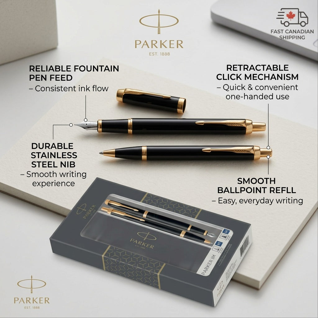 Parker IM Duo Gift Set feature callout showcasing the stainless steel nib and click mechanism.