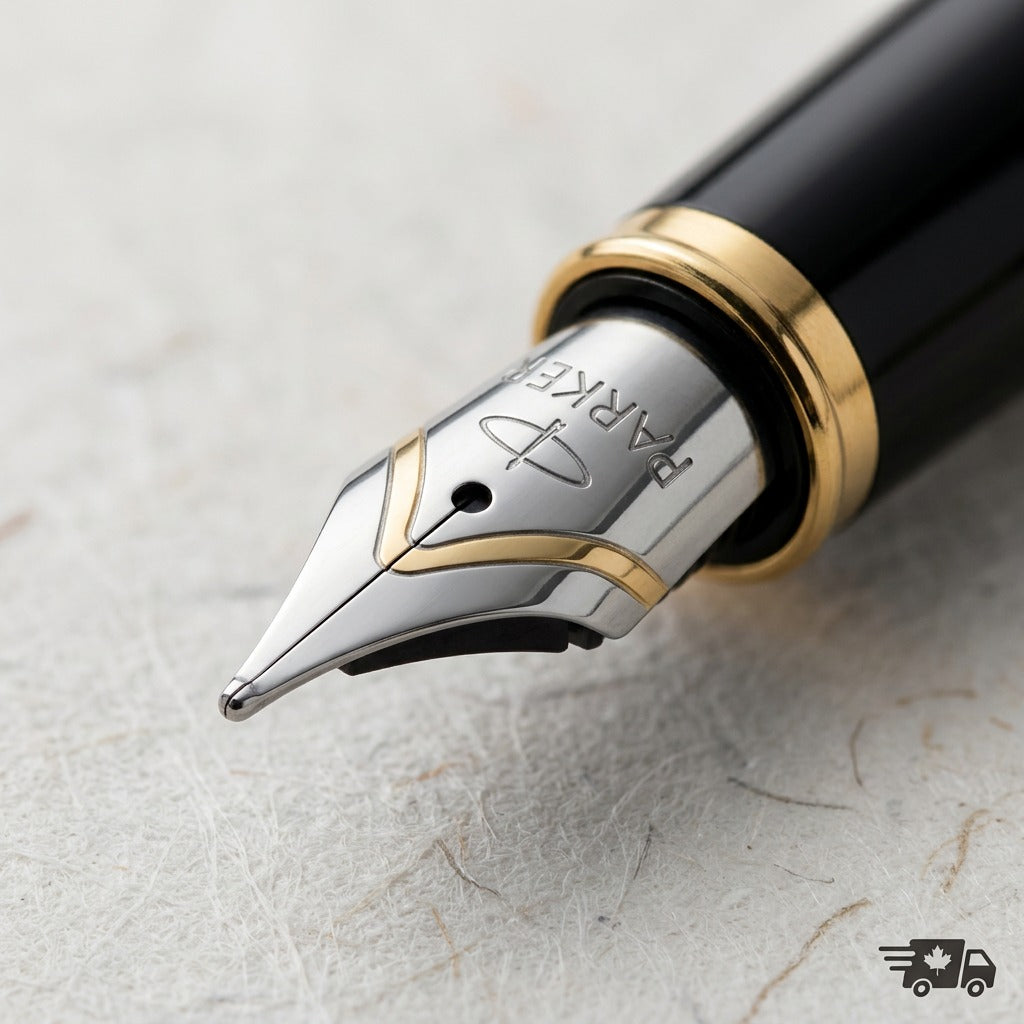 Macro detail of a Parker IM fountain pen nib in stainless steel with gold accents and engravings.