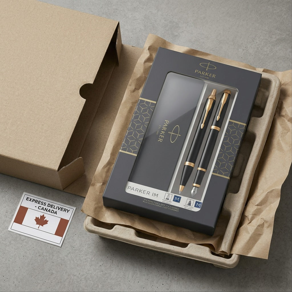 A Parker IM Duo Gift Set in a grey box inside a protective shipping carton with a Canada flag decal.