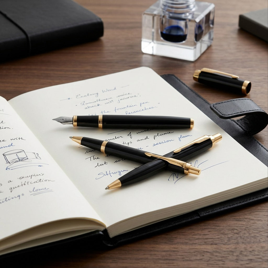 Parker IM fountain and ballpoint pens in gloss black with gold trim on a handwritten journal.