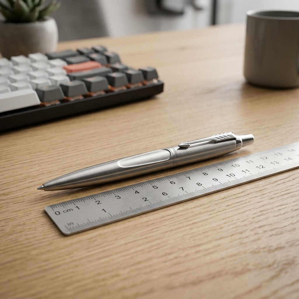 Parker Jotter XL Monochrome stainless steel ballpoint pen next to a ruler for scale on a wood desk