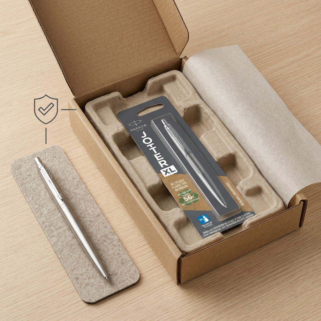 Parker Jotter XL Monochrome stainless steel pen in protective shipping box with molded inserts.