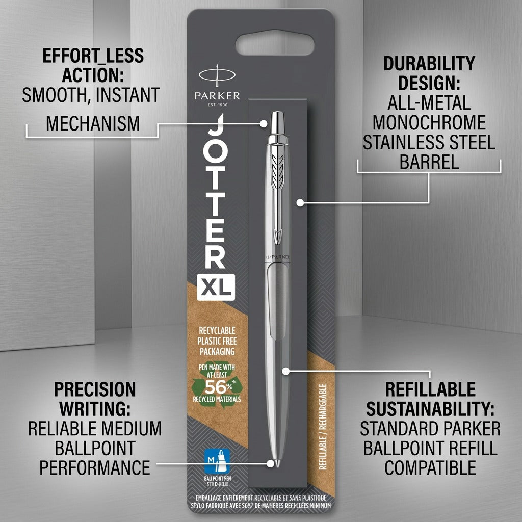 Feature graphic of the Parker Jotter XL Monochrome Stainless Pen highlighting durability and action.