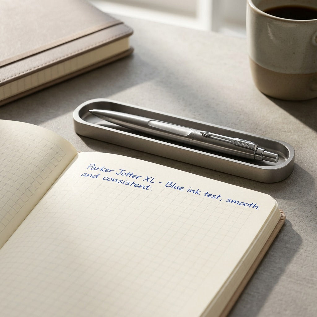 Parker Jotter XL Monochrome stainless ballpoint pen in a desk tray next to an open grid notebook.