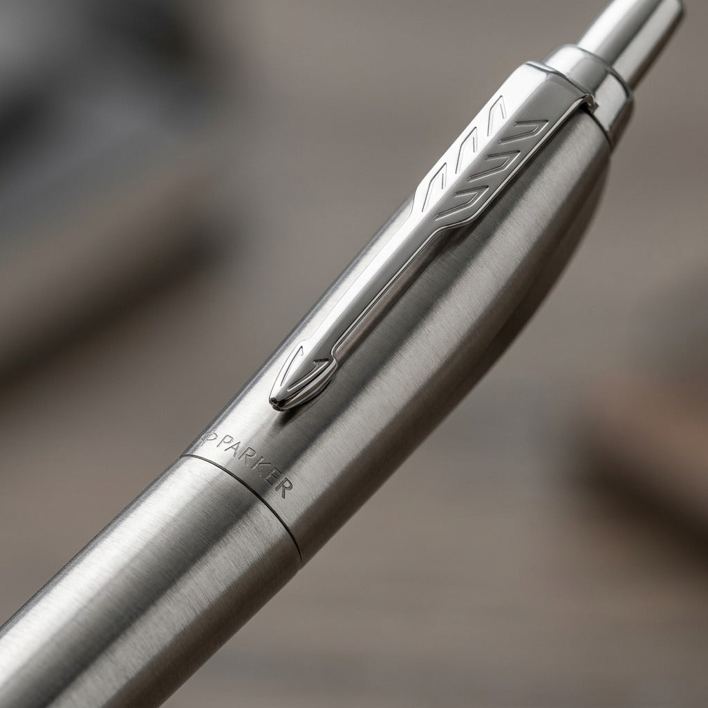Macro detail of a Parker Jotter XL Monochrome ballpoint pen showing the iconic arrow clip and brushed stainless steel finish.