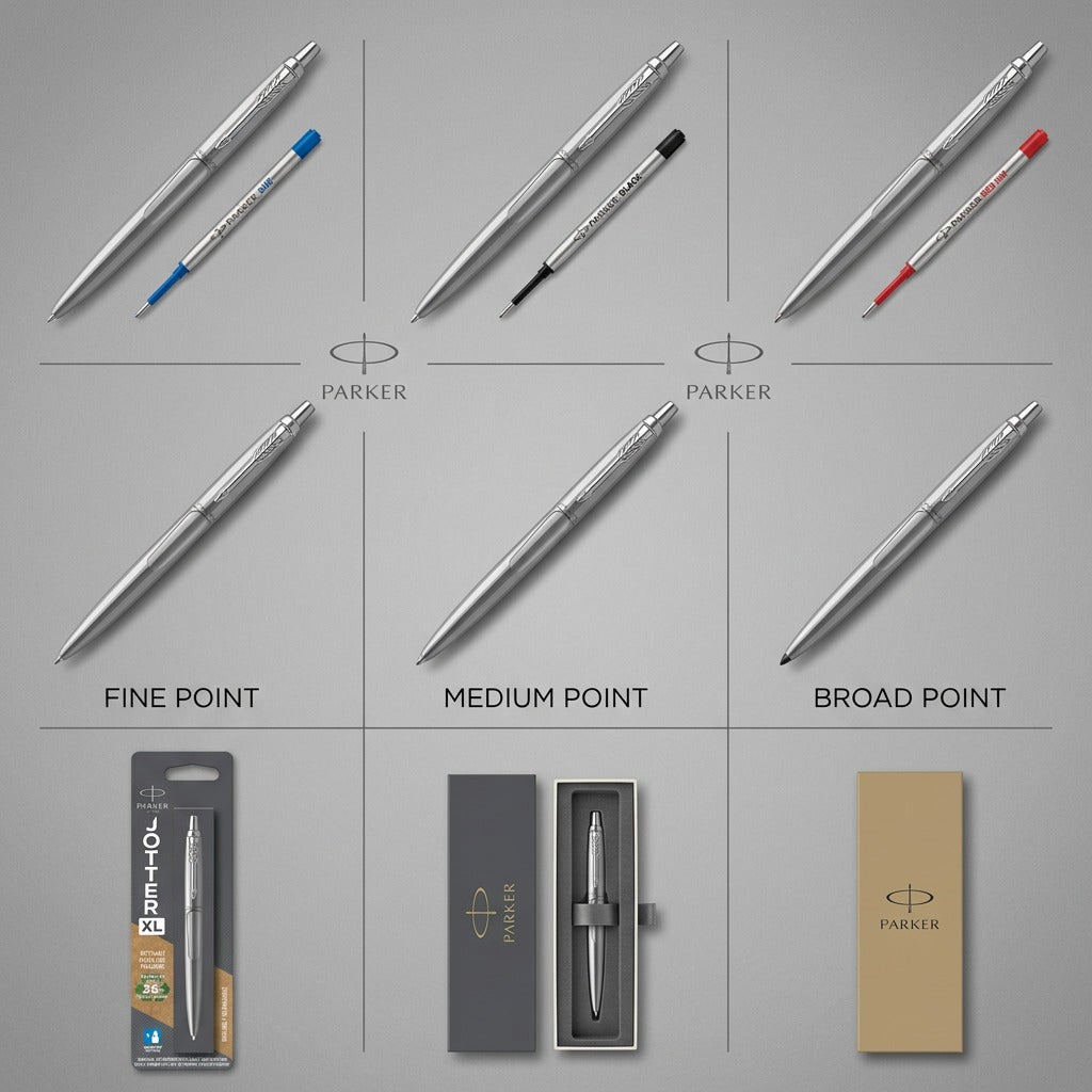 Grid showing Parker Jotter XL Ballpoint variants: ink colors, point sizes, and packaging options.
