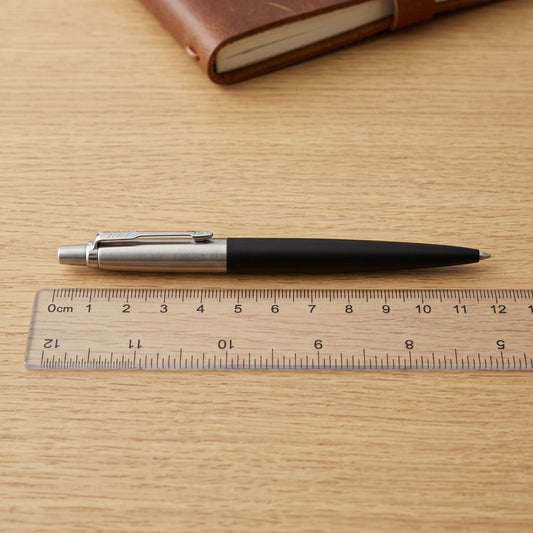 Black Parker Jotter Originals Gel Pen shown next to a ruler and leather notebook for scale reference.