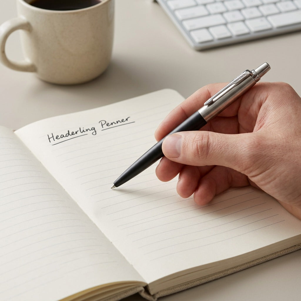 A hand writing in a notebook with the Parker Jotter Originals Classic Black gel pen.