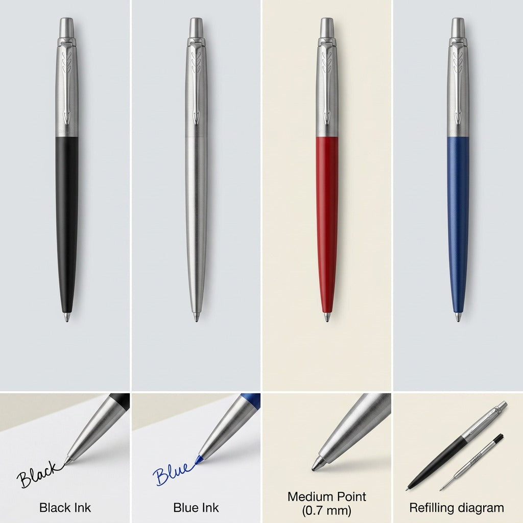 Parker Jotter Originals gel pen matrix showing black, silver, red, and blue finishes with 0.7mm tip details.