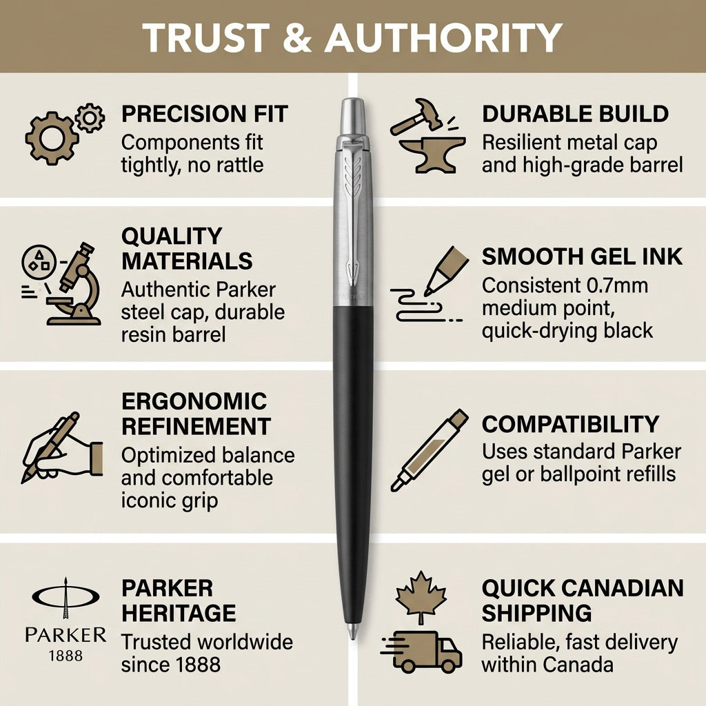 Parker Jotter Originals Gel Pen infographic highlighting durable build, 0.7mm ink, and fast shipping.