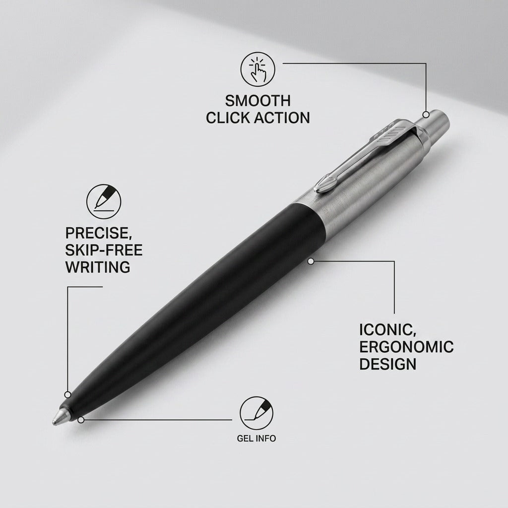 Parker Jotter Originals Gel Pen in black featuring click action, ergonomic design, and gel ink.