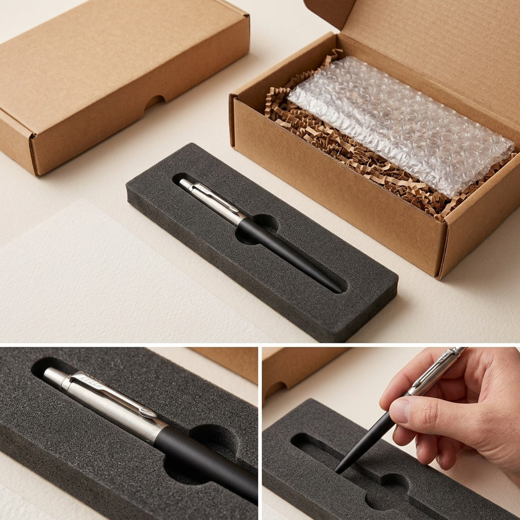 Unboxing a Parker Jotter Originals gel pen from a secure cardboard box with protective foam and padding.