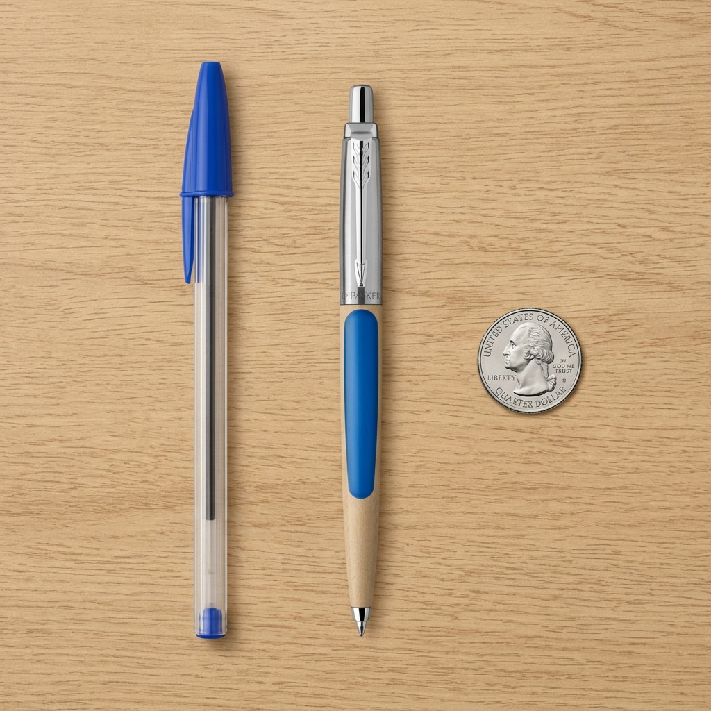 A Parker Jotter Originals Blue Ballpoint Pen for scale beside a standard pen and a quarter coin.