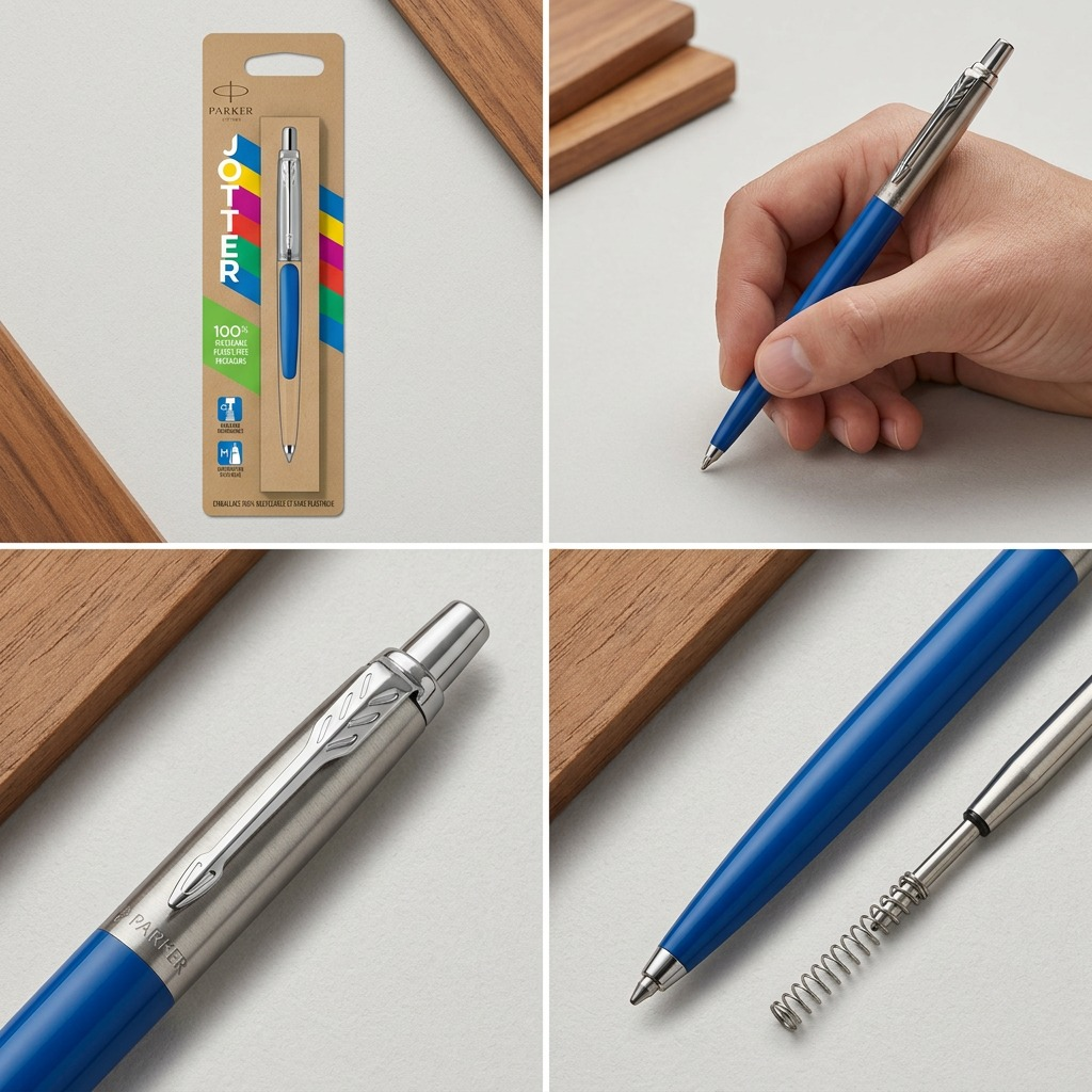 Grid showing Parker Jotter Originals pen packaging, writing grip, arrow clip detail, and spring mechanism.