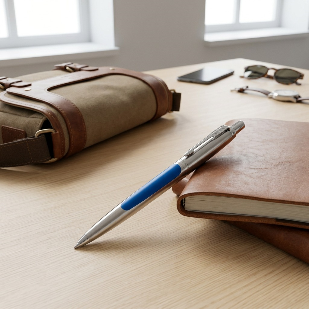 A blue and silver Parker Jotter Originals Ballpoint Pen resting on a notebook on a wooden desk.