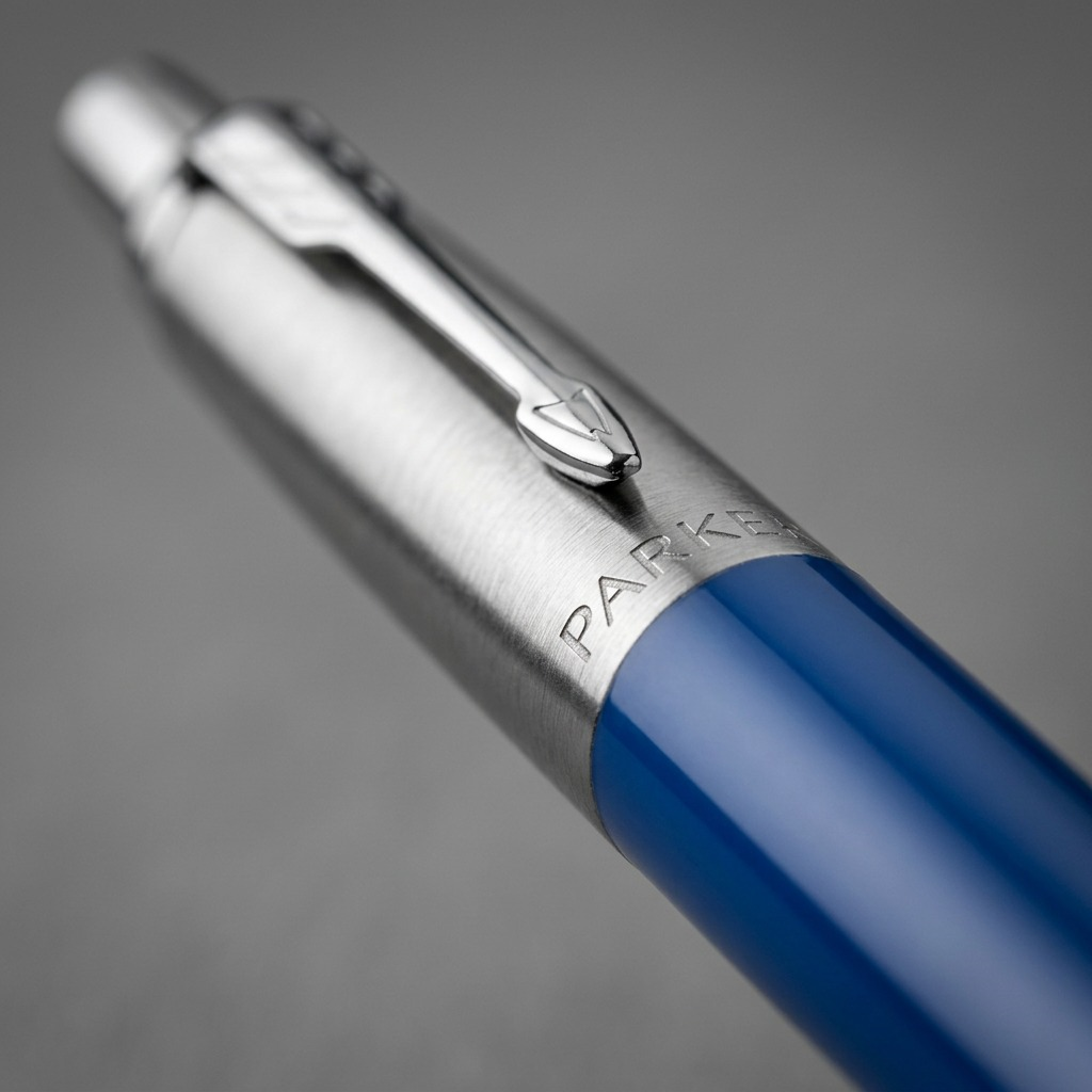 Close-up of a Parker Jotter ballpoint pen featuring the engraved stainless steel cap and blue barrel.