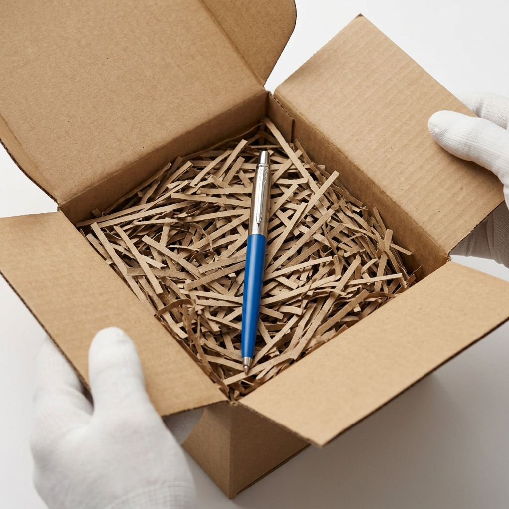 A blue Parker Jotter Originals pen inside a cardboard shipping box with protective paper filler.