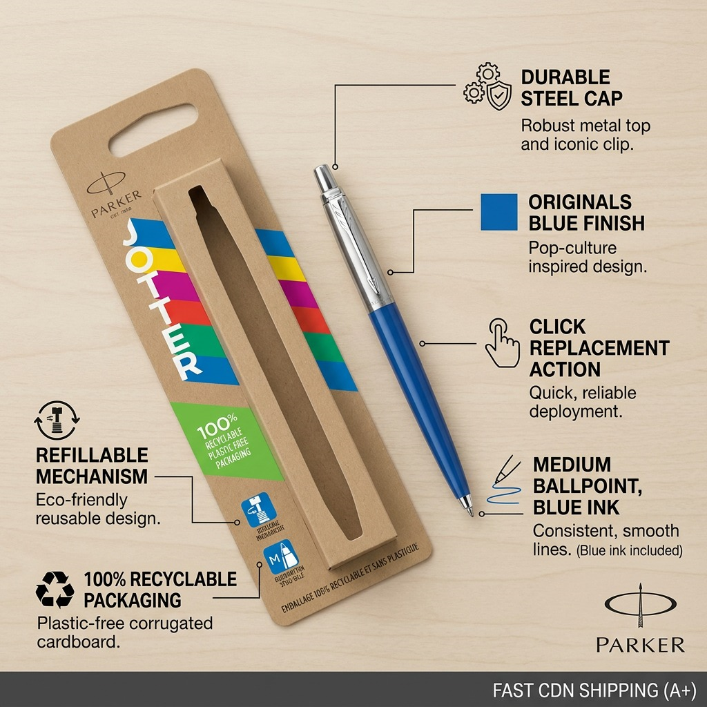 Parker Jotter Originals Blue Ballpoint Pen with feature callouts highlighting durable steel cap.