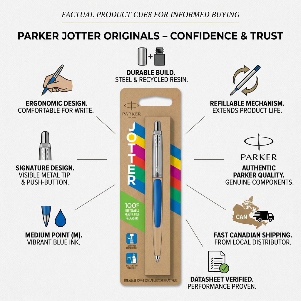Trust infographic for the Parker Jotter Originals Blue Ballpoint Pen, highlighting its durable build, refillable mechanism, and fast Canadian shipping.
