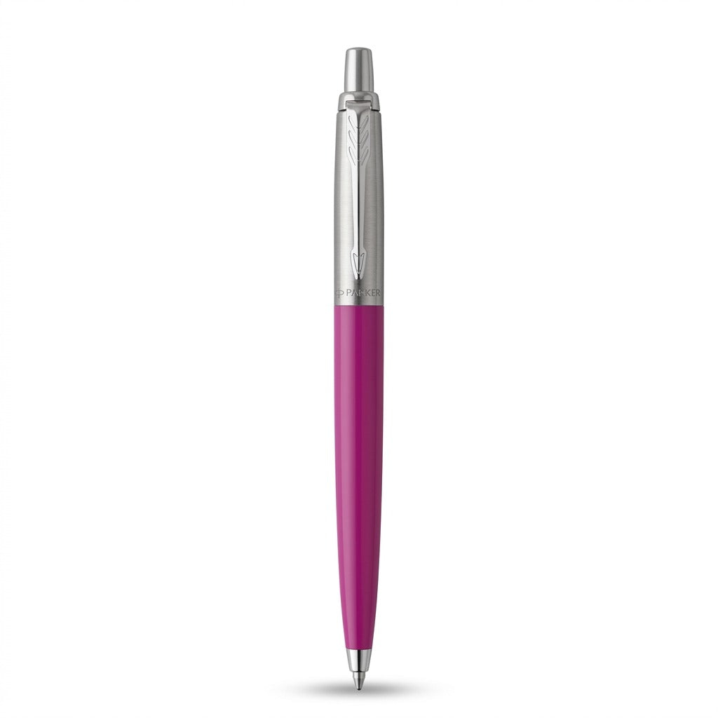 Parker Jotter Originals ballpoint pen with classic magenta barrel and stainless steel trim.