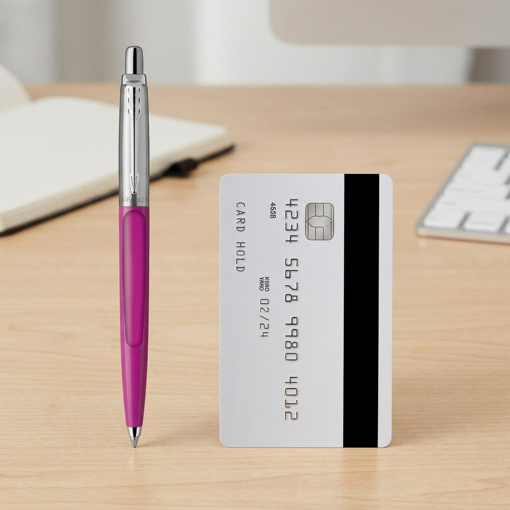Magenta Parker Jotter Originals ballpoint pen standing next to a credit card for scale on a desk.