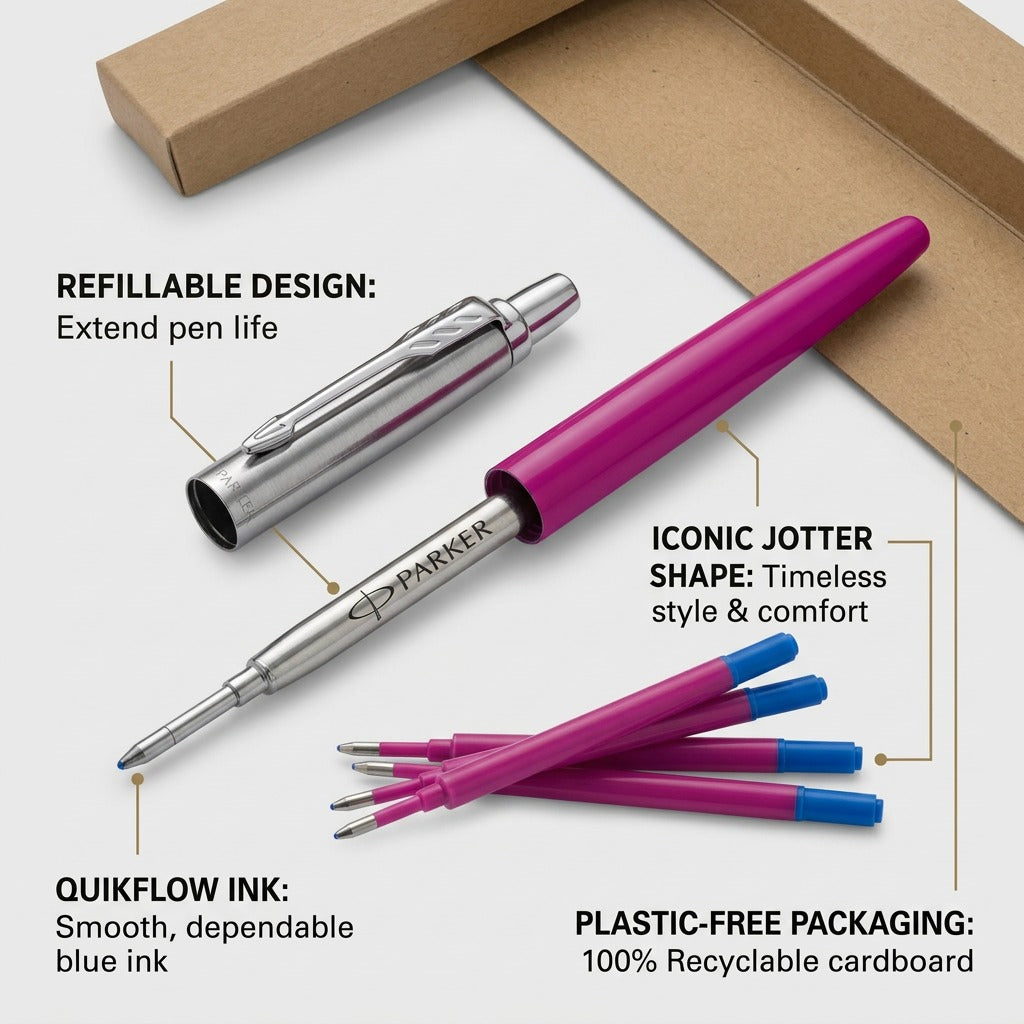 Magenta Parker Jotter showing refillable design, Quinkflow blue ink, and plastic-free packaging.