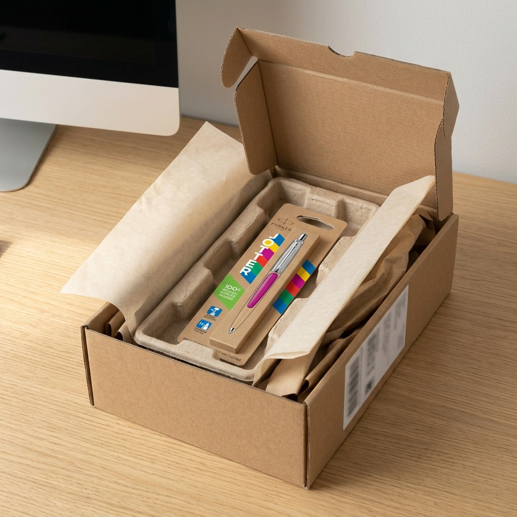 Magenta Parker Jotter Originals pen in retail carding, secured in a protective cardboard shipping box.