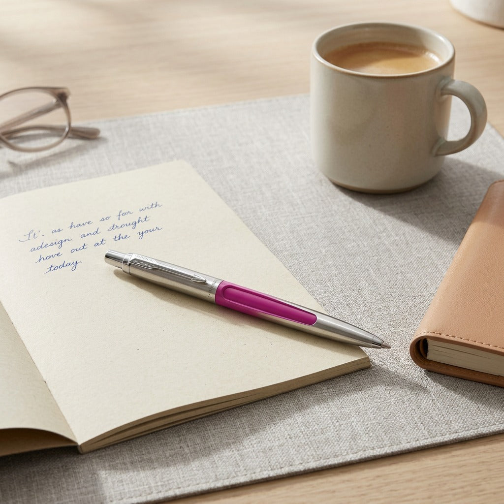 Magenta Parker Jotter Originals Ballpoint Pen on an open notebook next to a coffee mug.