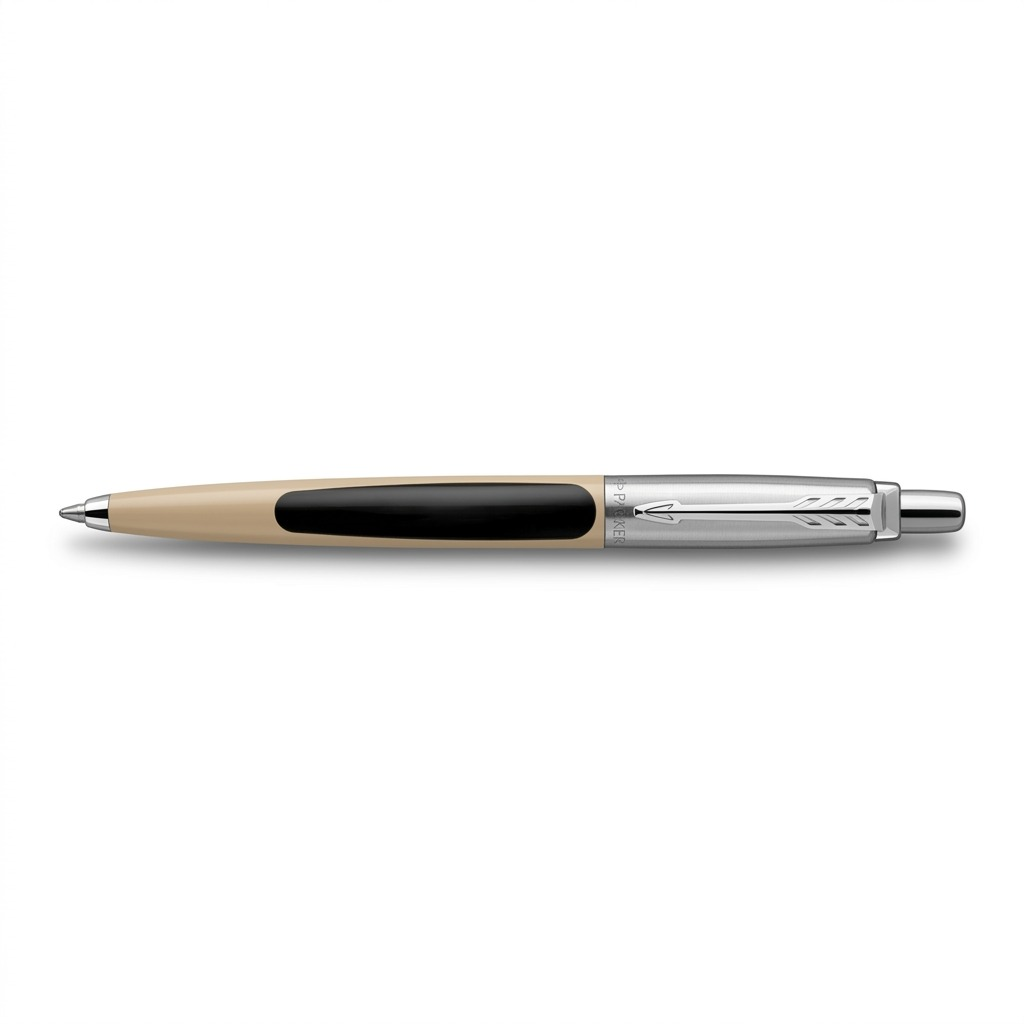 Parker Jotter Originals ballpoint pen with beige barrel, black grip, and iconic silver arrow clip.