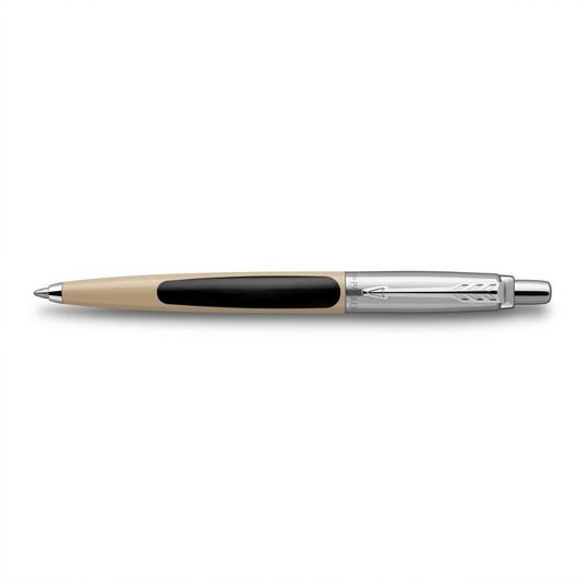 Parker Jotter Originals ballpoint pen with beige barrel, black grip, and iconic silver arrow clip.