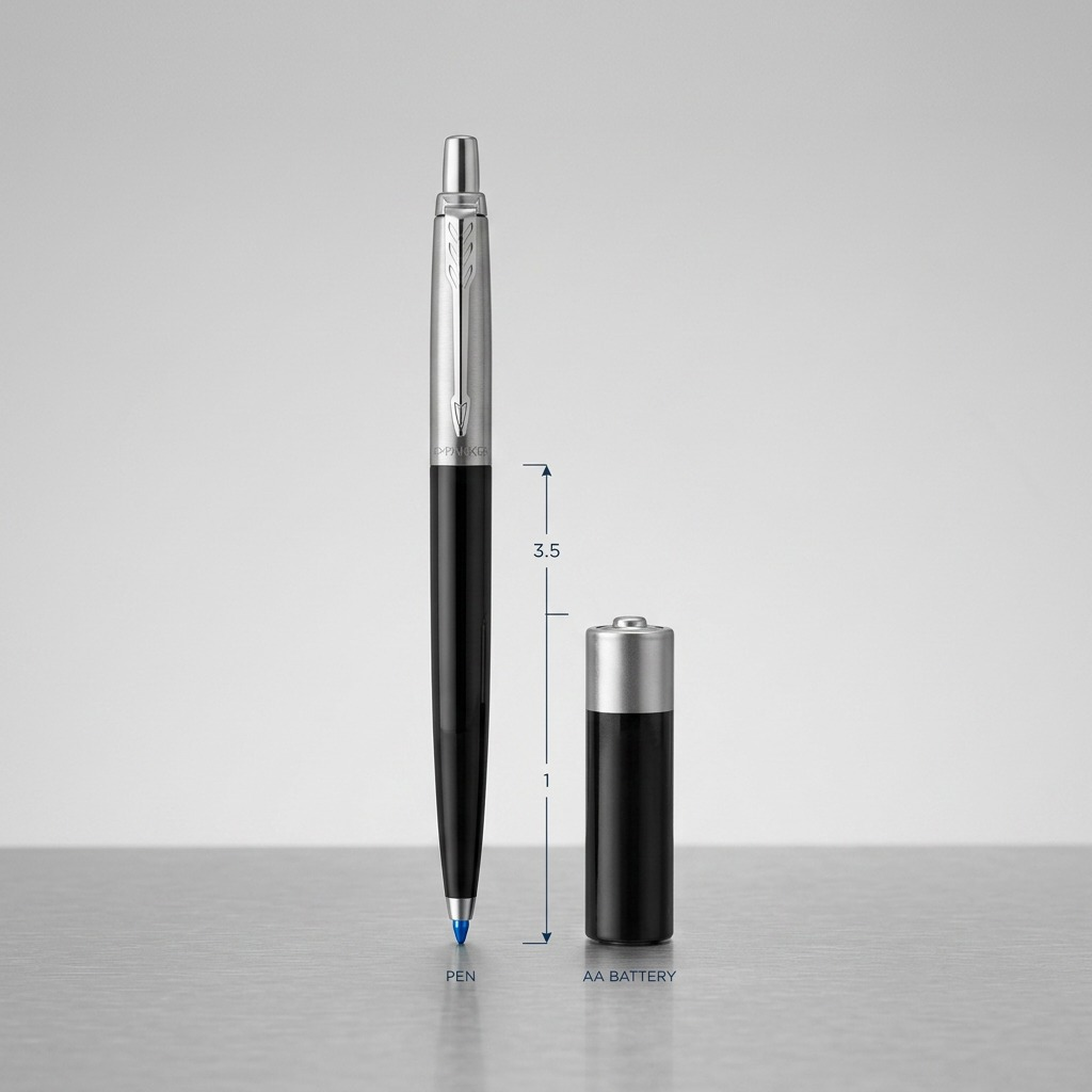 Scale comparison of a black Parker Jotter pen standing next to a standard AA battery.