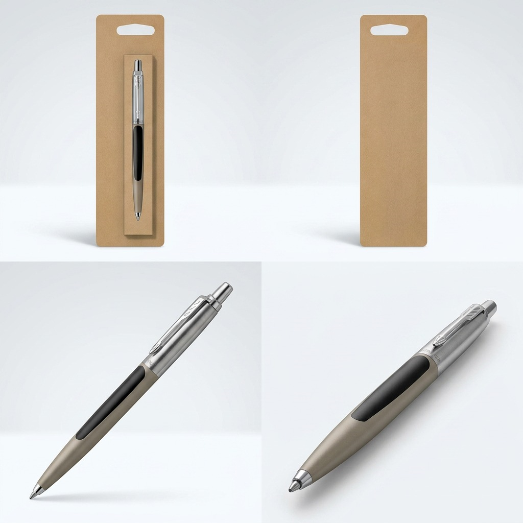 Four-view matrix of the Parker Jotter Originals pen in packaging and various angles on white.