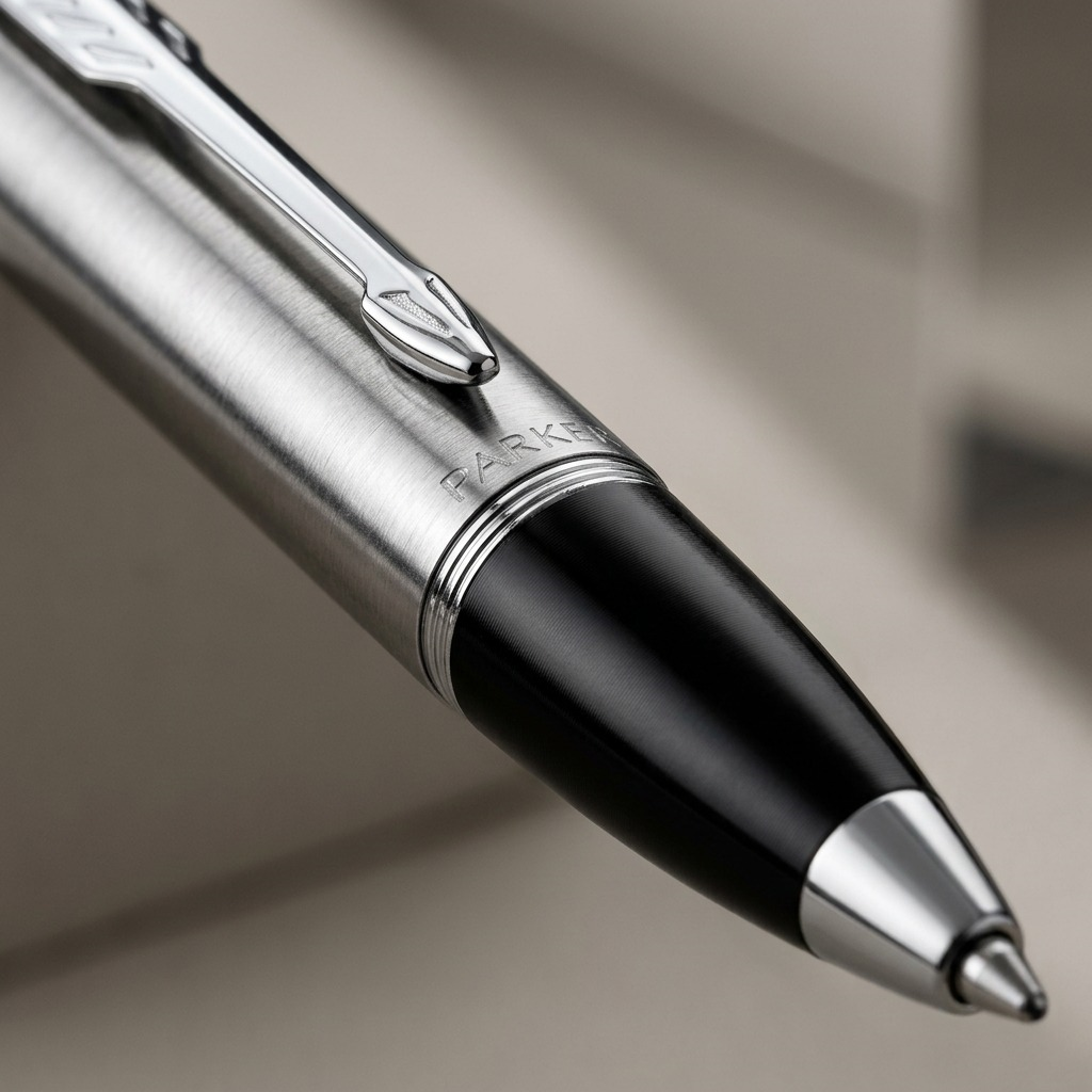 Macro detail of a Parker Jotter Originals pen showing the brushed metal barrel and black grip.