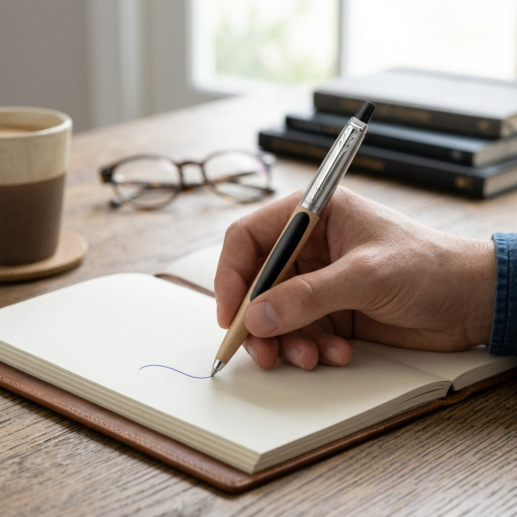 A hand holding a Parker Jotter Originals ballpoint pen writing blue ink in a notebook on a desk.
