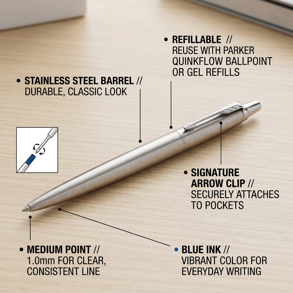 Parker Jotter pen feature callouts showing refillable design, arrow clip, and stainless steel barrel.