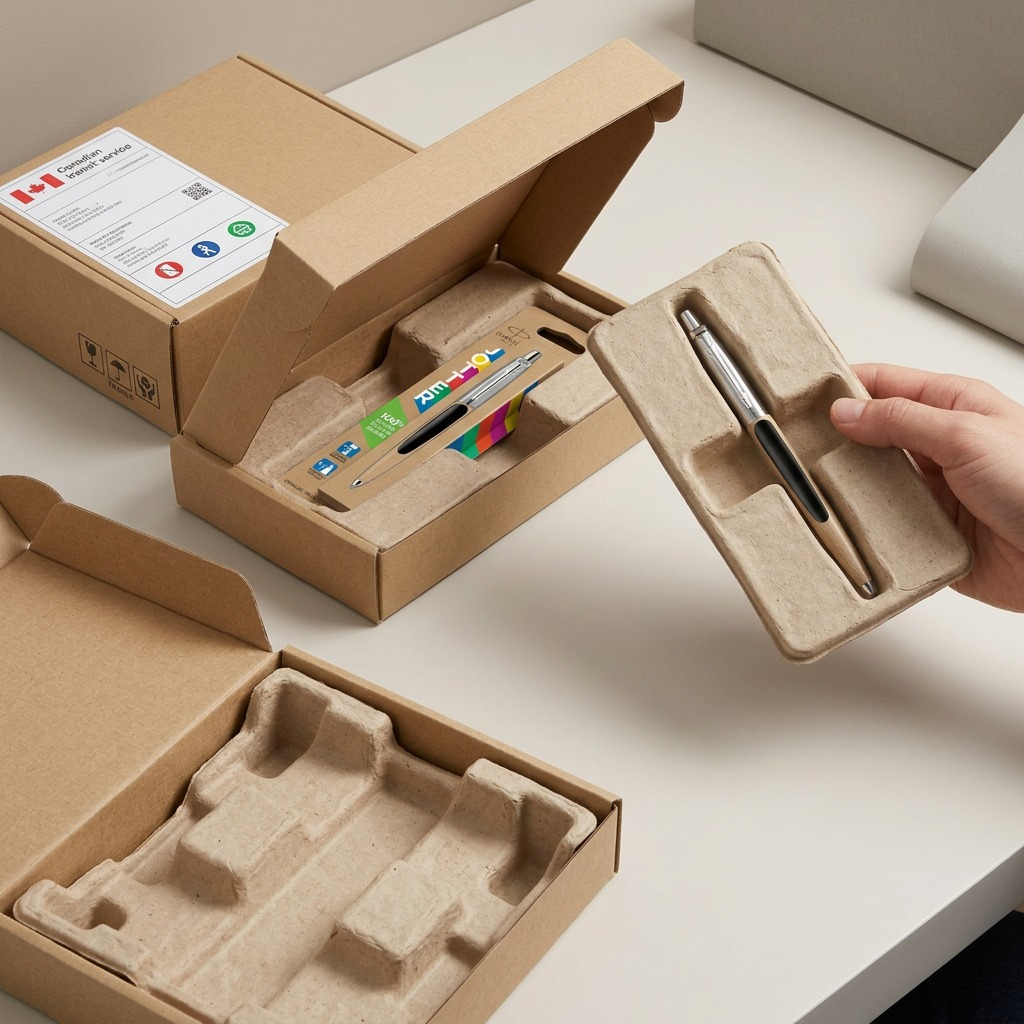 A Parker Jotter Originals pen being unboxed from secure cardboard shipping and molded pulp packaging.