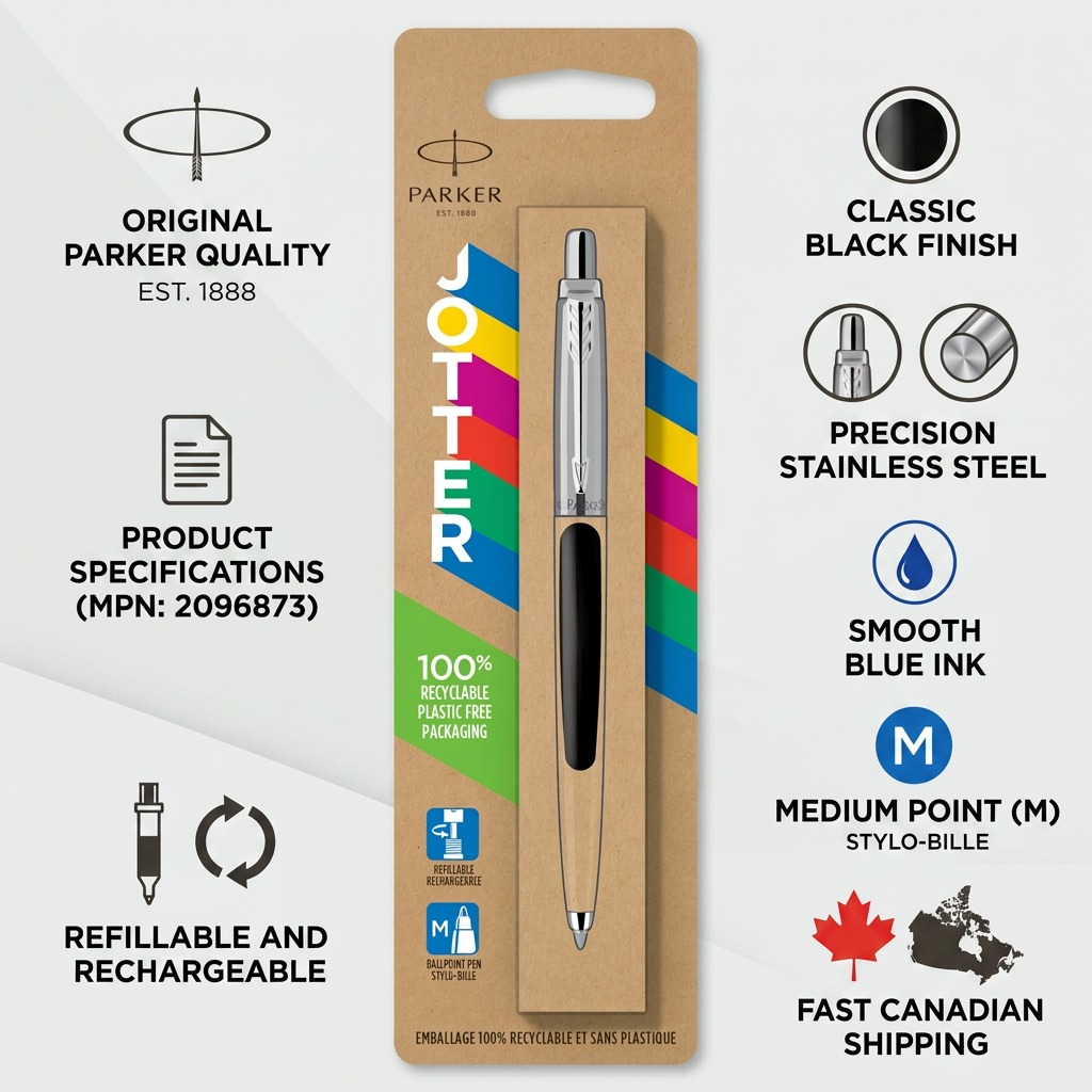 Parker Jotter Originals infographic showing classic black pen, blue ink, and recyclable packaging.