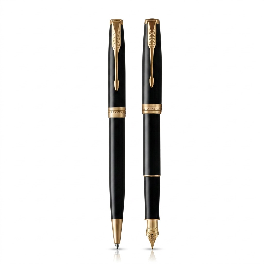 Parker Sonnet duo set featuring a gloss black fountain pen and ballpoint pen with gold trim.