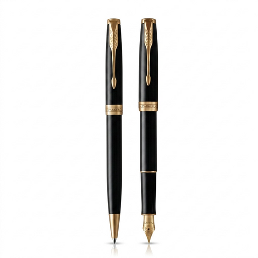 Parker Sonnet duo set featuring a gloss black fountain pen and ballpoint pen with gold trim.