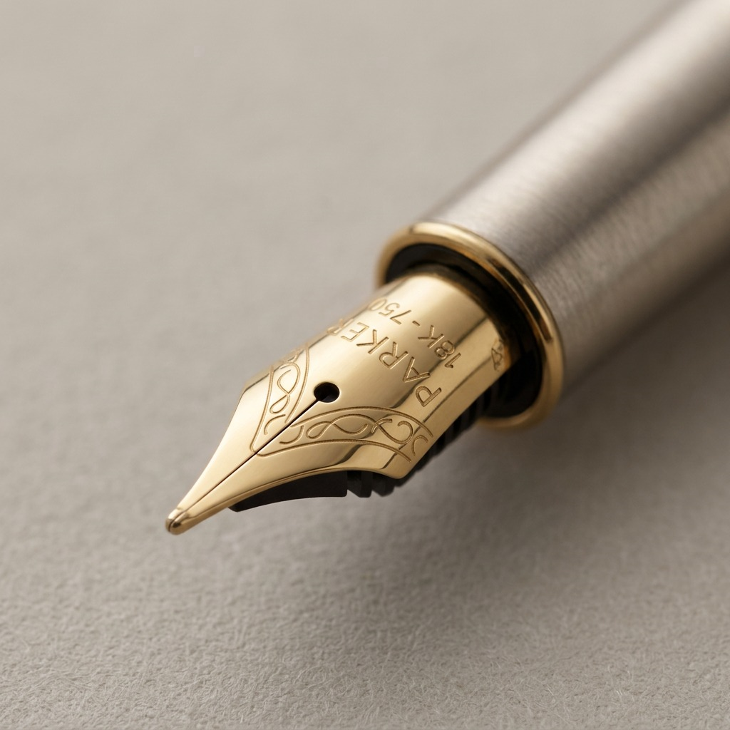 Macro view of a Parker Sonnet fountain pen's 18K-750 gold nib with intricate engraved patterns.