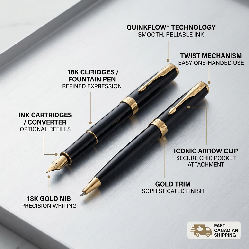 Parker Sonnet Duo pen set features including the 18K gold nib, gold trim, and arrow clip.